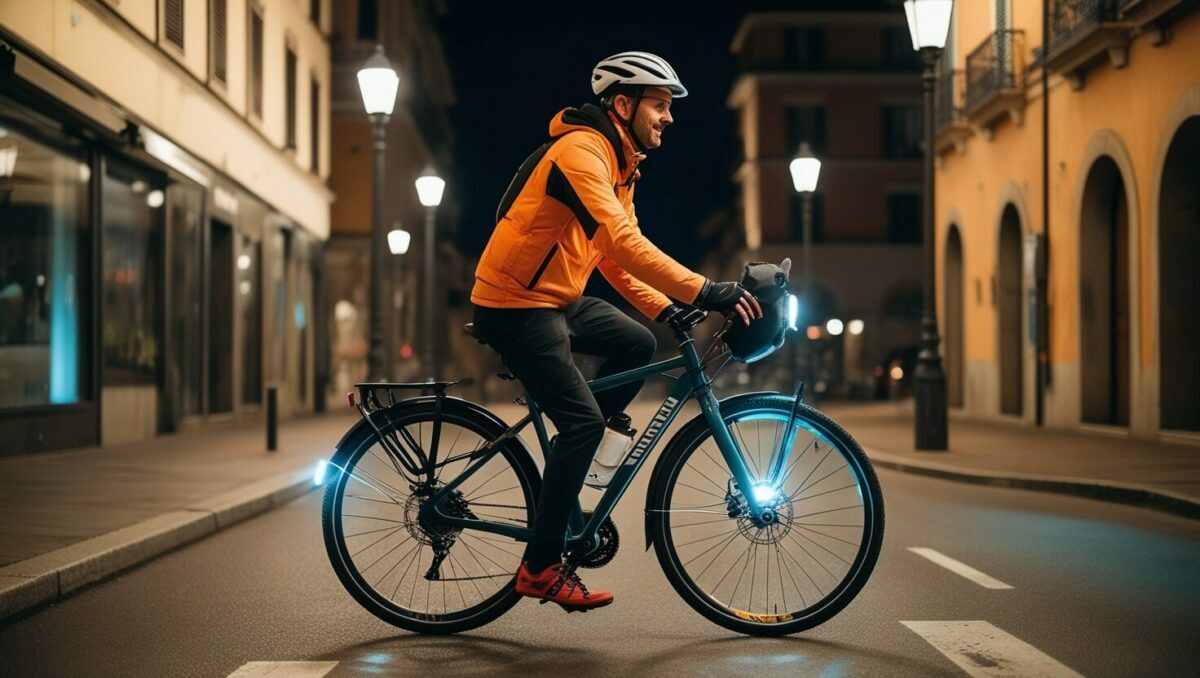 Ciclista illuminato - Urbano con luci in città 2 (generata da leonardo.ai)